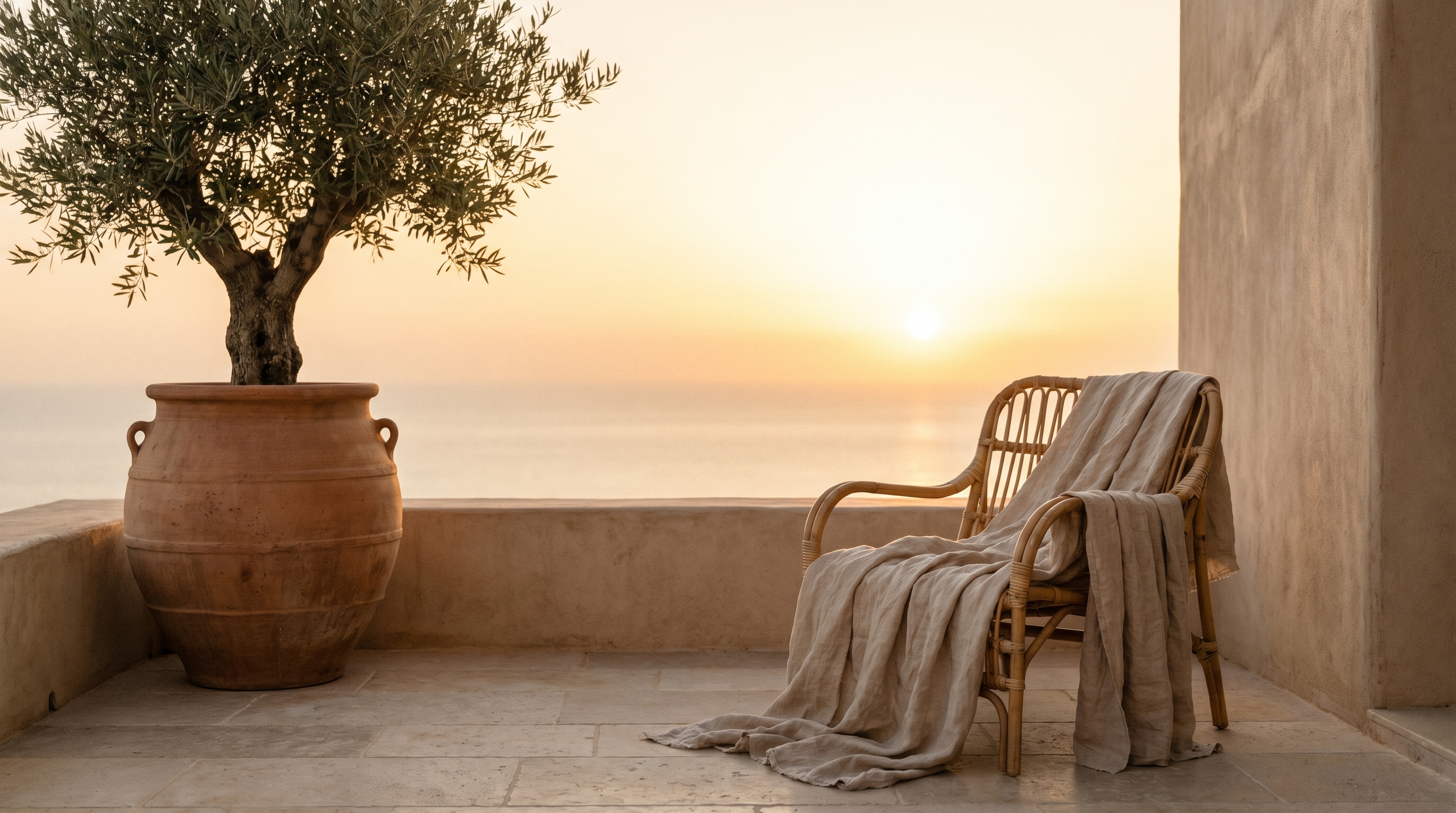Terrasse mediterraneenne au coucher du soleil, DA Belharo